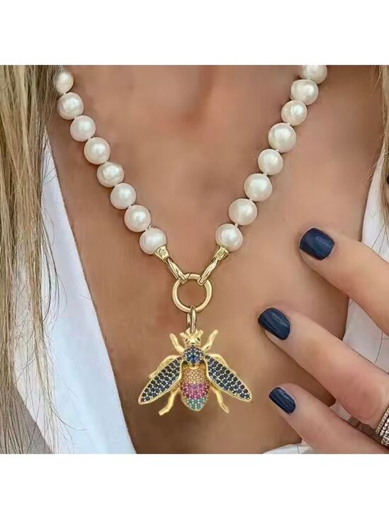 Jewelry - Pearl Necklace with Gold and Multicolor Bee Pendant